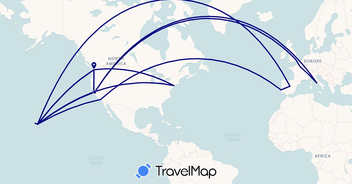TravelMap itinerary: driving in Spain, France, United Kingdom, Italy, Portugal, United States (Europe, North America)